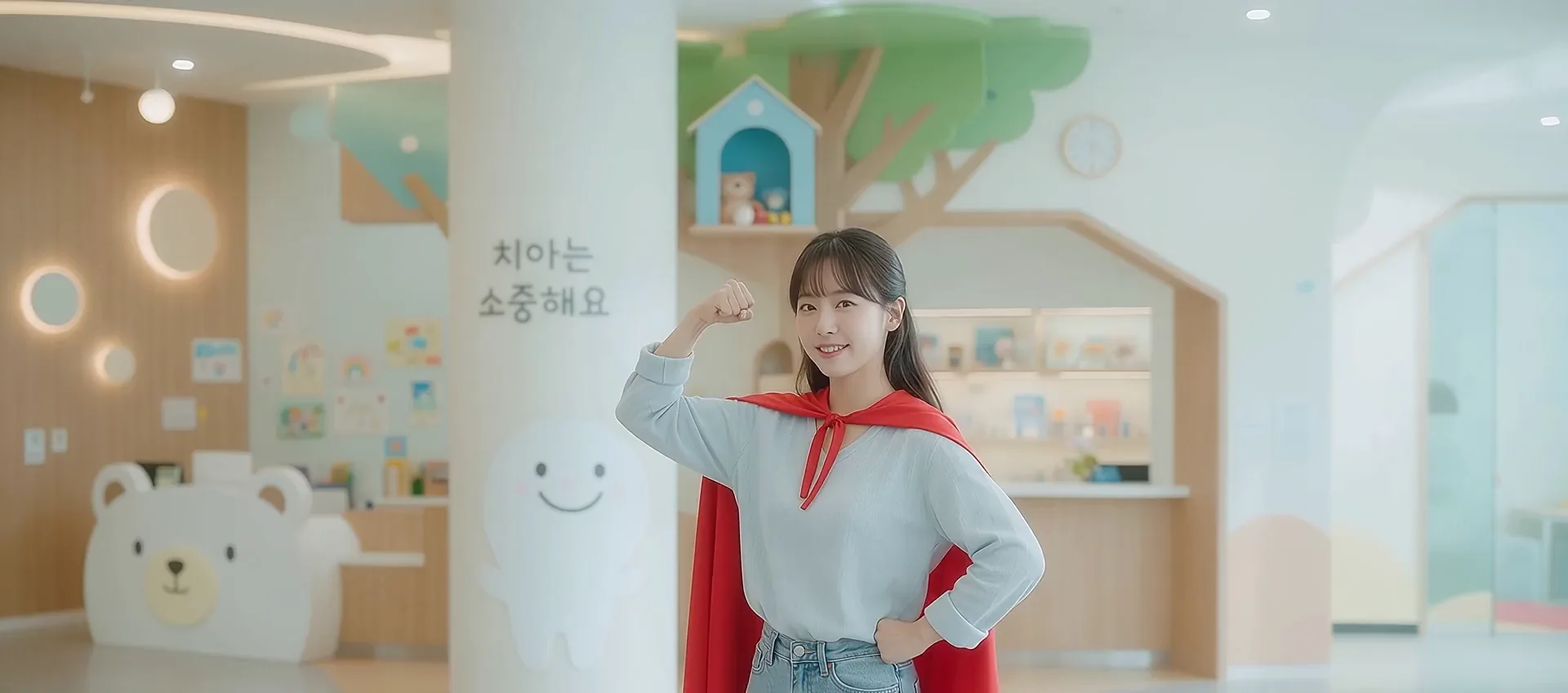 빨간 망토를 두른 여성이 웃으며 서 있는 AI 생성 연출 장면